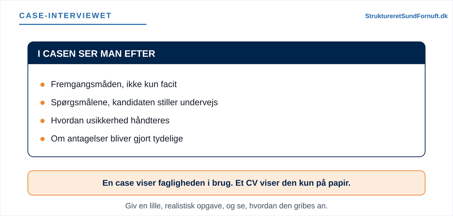 En oversigt over, hvad man ser efter i et case-interview: fremgangsmåde, spørgsmål undervejs, håndtering af usikkerhed og tydelige antagelser