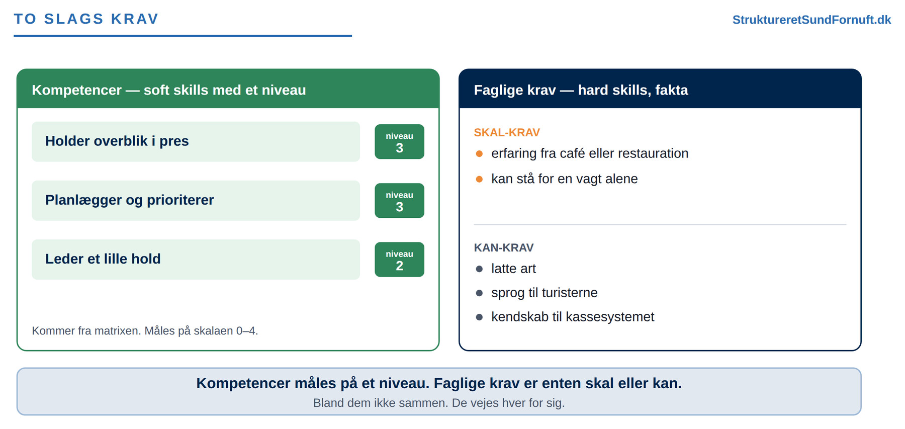 To slags krav side om side: kompetencer som adfærd med et niveau fra 0 til 4, og faglige krav som fakta delt i skal-krav og kan-krav