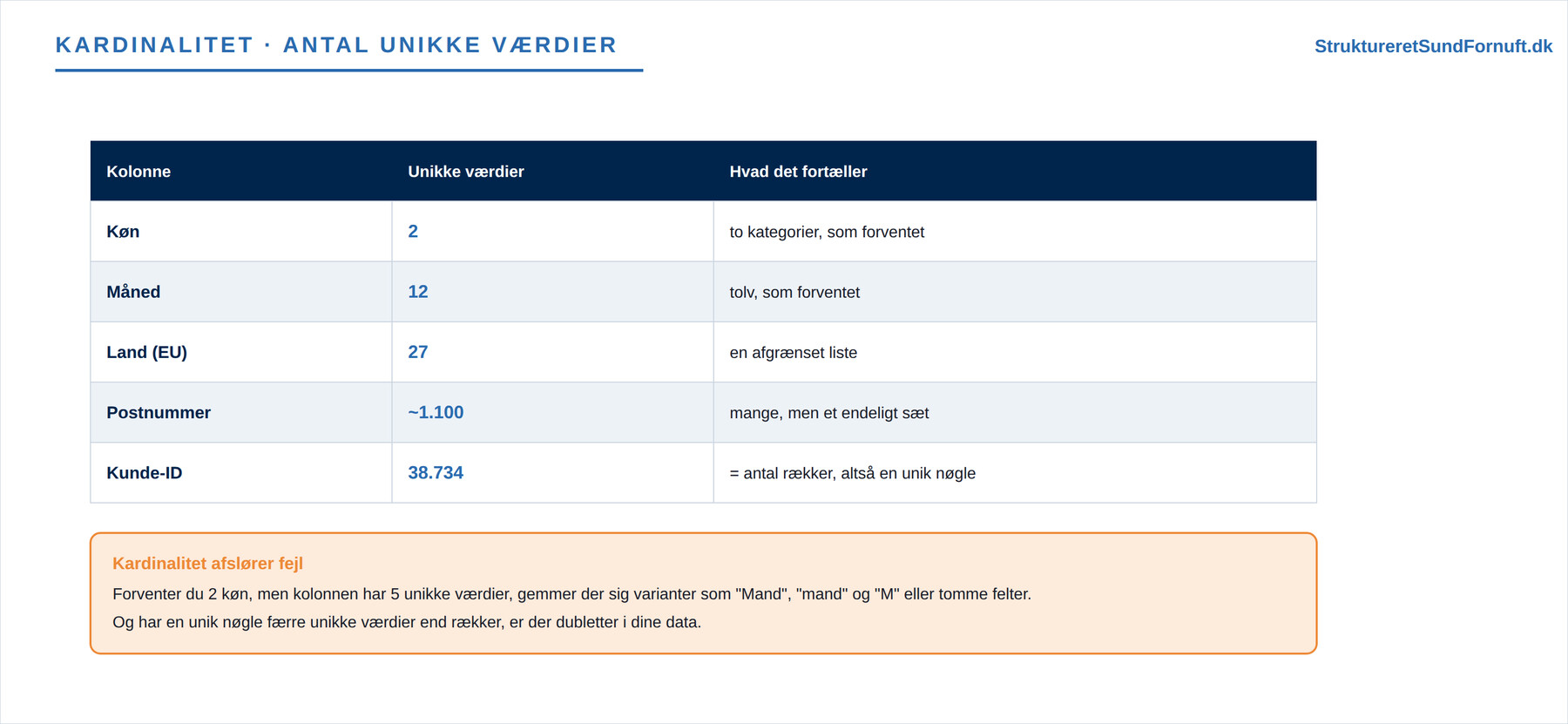 Kardinalitet: antal unikke værdier i en kolonne, og hvordan en uventet kardinalitet afslører fejl og dubletter