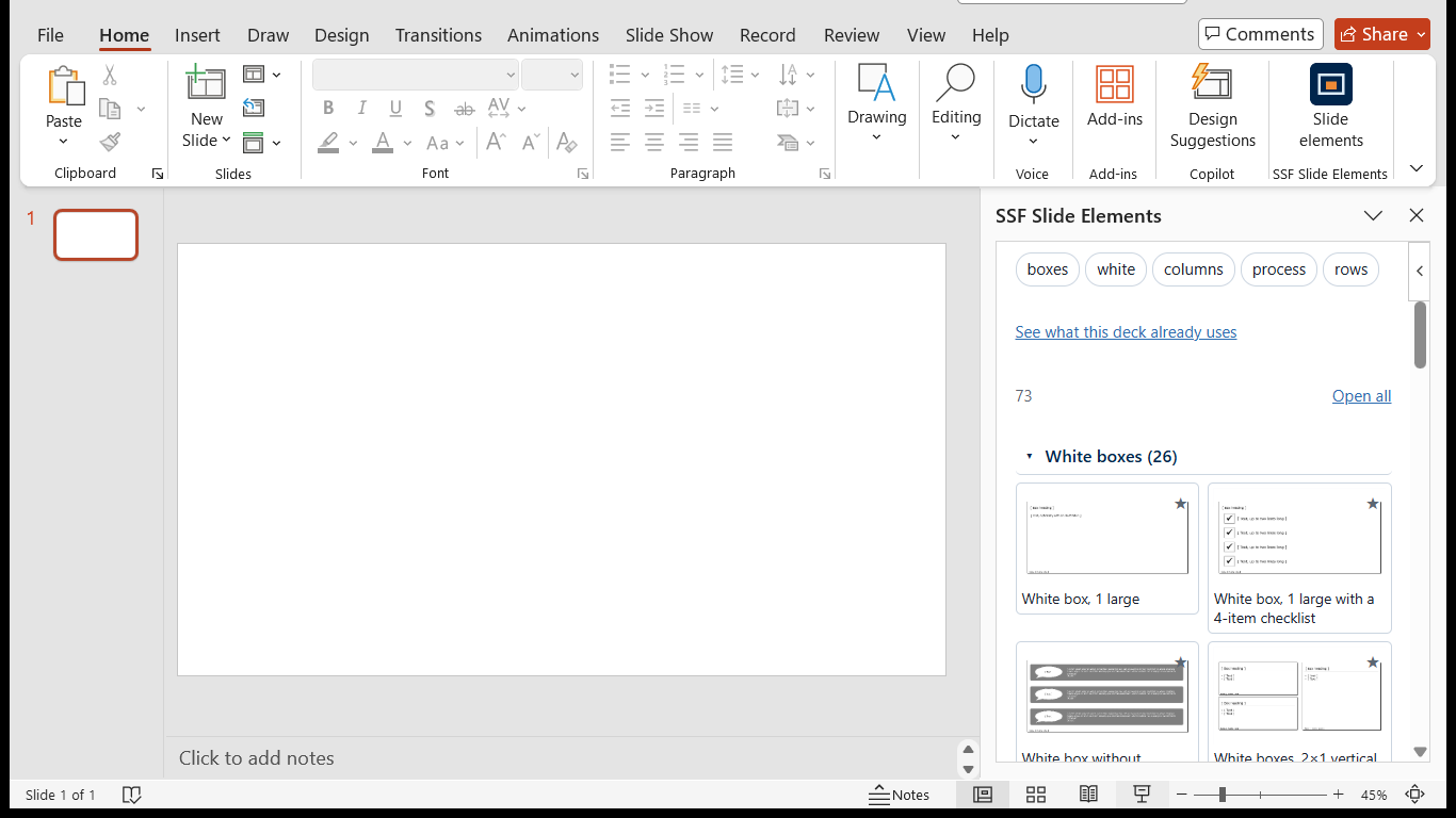 PowerPoint med et tomt dias og opgaveruden åben til højre, hvor kategorien White boxes er foldet ud som et gitter af små billeder af hvert element med navnet under